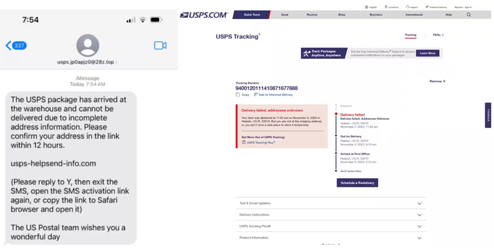SMS-сообщение с ссылкой на фишинговый сайт (слева) и уведомление об отмене доставки на фишинговом сайте (справа)