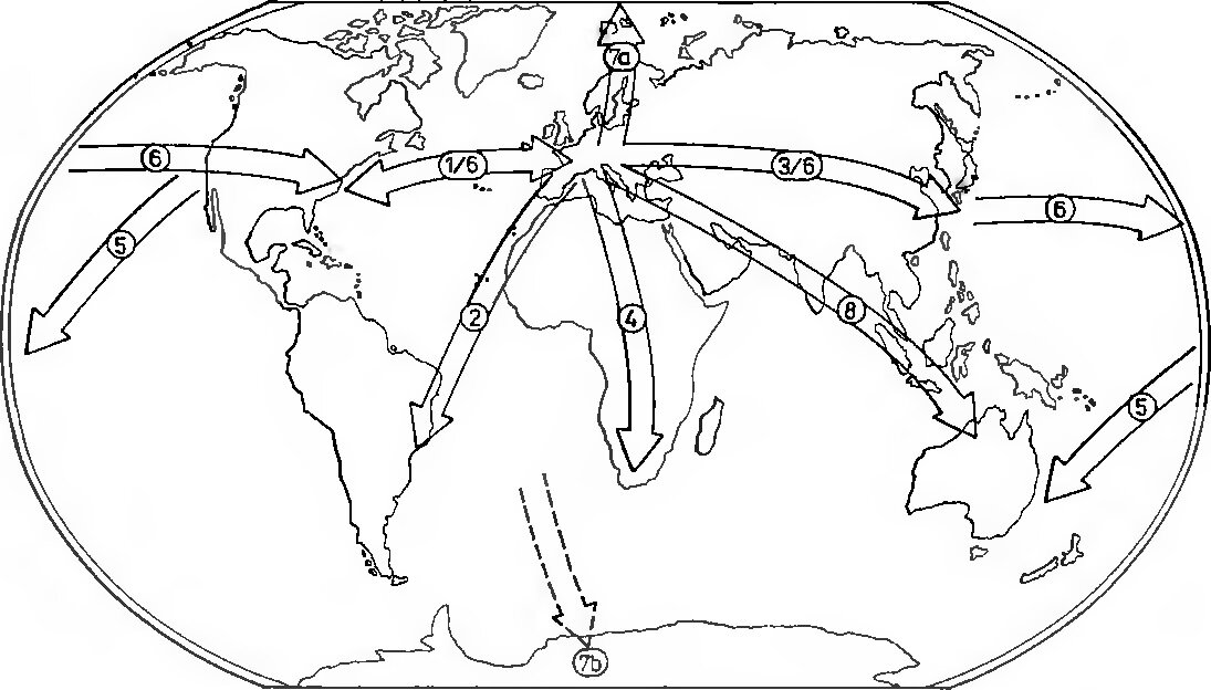  основные маршруты дальних межконтинентальных перелетов: 1) через Северную Атлантику; 2) через Южную Атлантику (по протяженной линии до северо-западного побережья Тихого океана); 3) на Дальний Восток; 4) в Африку; 5) через Тихий океан; 6) вокруг света; 7а) через Северный полюс; 7b) через Южный полюс; 8) в Австралию. Рисунок Т. Сладека (T. Sládek)