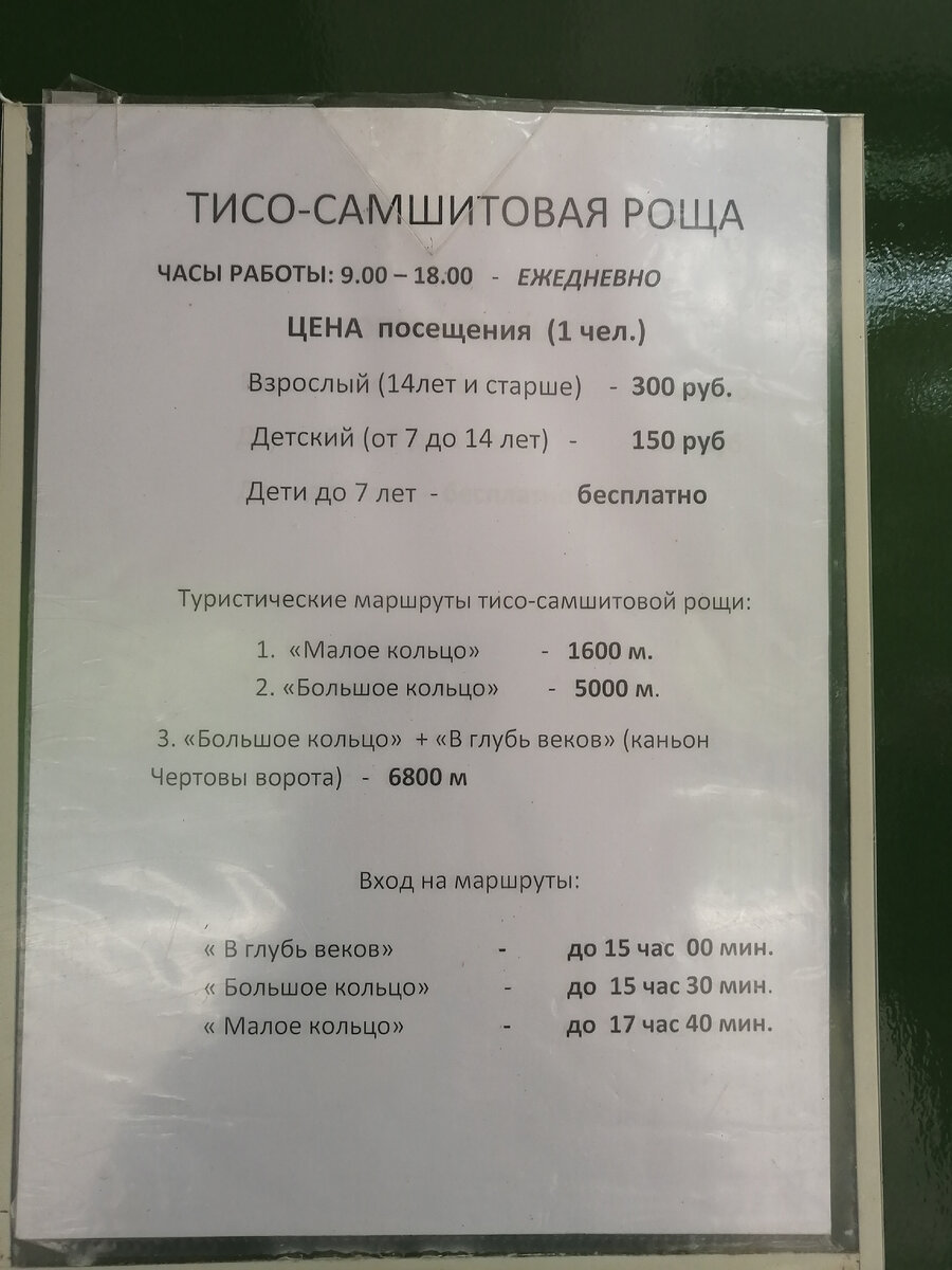 Фото с ценами на посещение Тисо-Самшитовой рощи в 2021 году. 