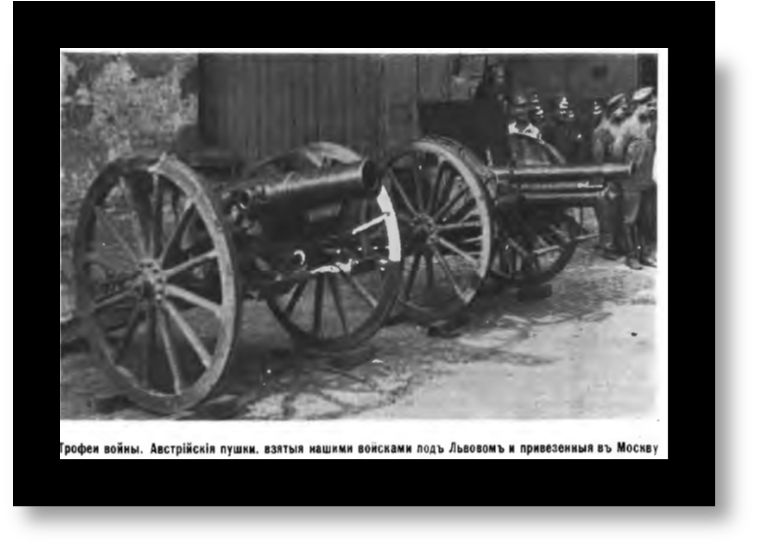 Австрийские пушки взятые нашими войсками подо Львовом и выставленные на обозрение в Москве.