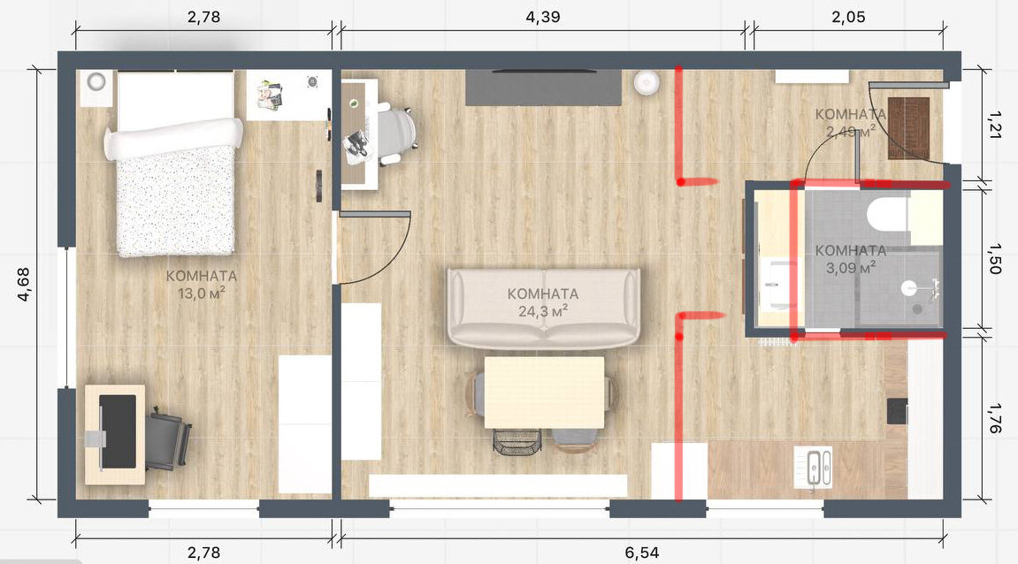 придумали перепланировку, красные линии - прежние деревянные перегородки.