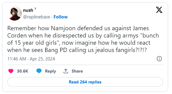 "Помните, как Намджун защищал нас от Джеймса Кордена, когда он неуважительно назвал арми "кучкой 15-летних девочек"? Теперь представьте, как он отреагирует, увидев, что Банг ПД называет нас ревнивыми фанатками?!?!?"