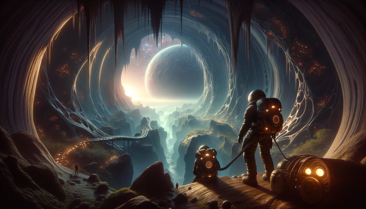 Аврора и Люкс, начинают исследование Планеты-лабиринта, расположились у входа в одну из ее огромных подземных пещер.