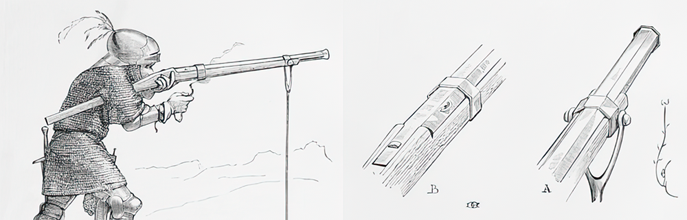 Стрельба из аркебузы с деревянной ложей и фитильным замком.