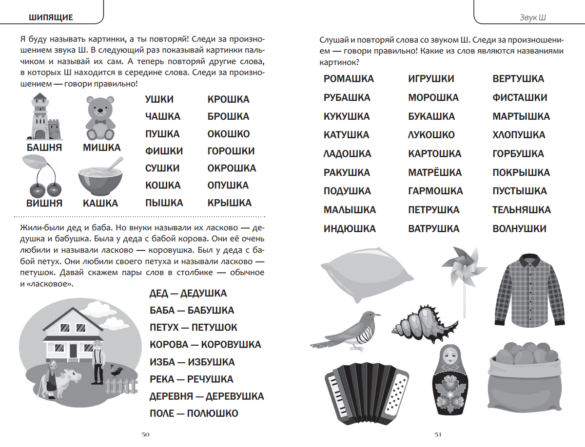 Отрабатываем правильное произношение шипящего звука Ш в словах разной степени сложности