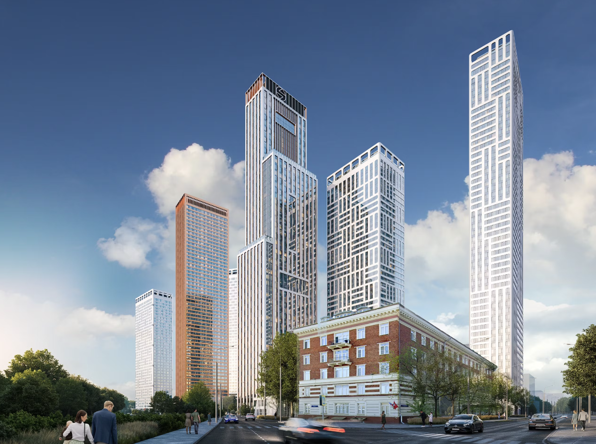 ЖК Amber City с выделяющейся башней доминантой, имеющей янтарно - медный фасад, который обращен к историческому центру города и дополнен стремительными вертикальными пилонами