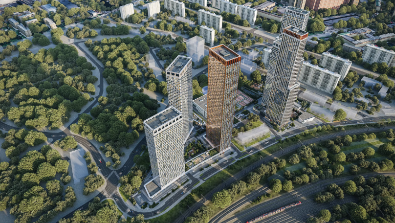 ЖК Amber City с выделяющейся башней доминантой имеющей янтарно - медный фасад, который обращен к историческому центру города и дополнен стремительными вертикальными пилонами