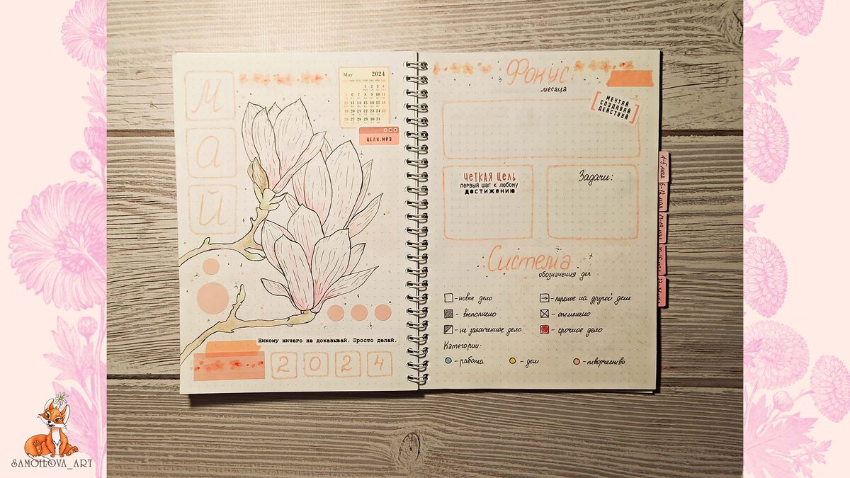 "Титульный" разворот/ "Цели/фокус месяца/задачи и система обозначений дел"