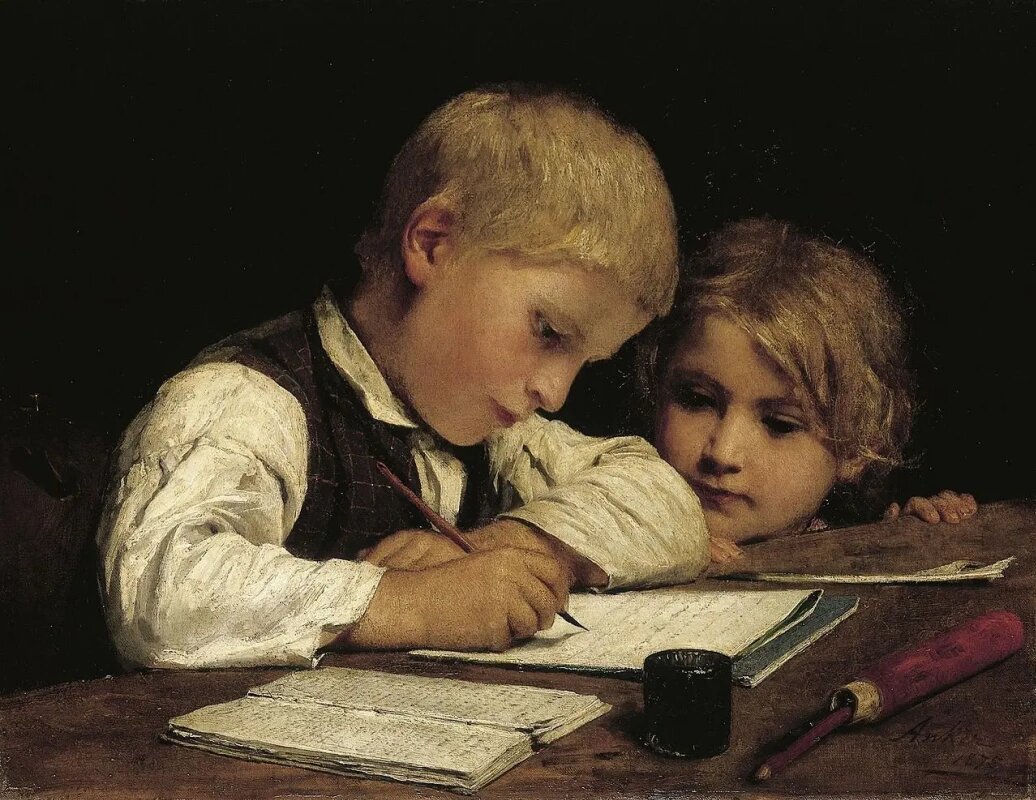 Альберт Анкер. «Пишущий мальчик с сестрой», 1875 год, частная коллекция © Public domain