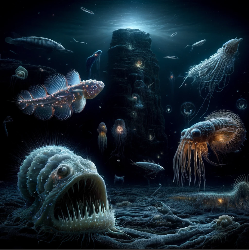 На картине представлены детализированные изображения биолюминесцентных глубоководных существ, таких как рыбы-удильщики, гигантские кальмары и морские огурцы, светящиеся в абсолютной темноте глубокого океана. Создано при помощи ИИ