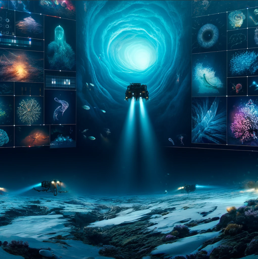 На картине представлены темные, холодные воды с экстремальным давлением и температурами, сложная среда для исследователей, а также разнообразные глубоководные существа, приспособленные к жестким условиям. Создано при помощи ИИ