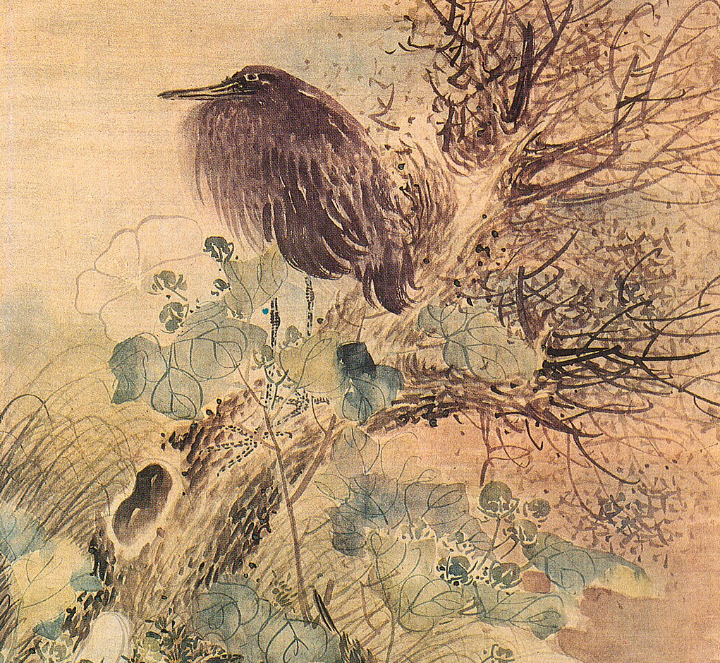 Мацумура Госюн. Гибискус и серая цапля на стволе дерева. Фрагмент.