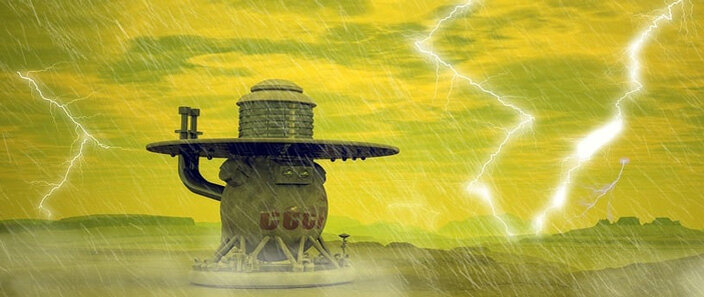 Художественное изображение условий на Венере. Атмосфера Венеры на 96,5% состоит из углекислого газа и на 3,5% из азота. В небольших количествах присутствуют и другие газы, в том числе сернистый газ (SO2). Предполагается, что на этой планете идут дожди из серной кислоты (правда, они вряд ли достигают поверхности). По предположению авторов обсуждаемого препринта, она могла бы стать альтернативной основой для жизни вместо воды.