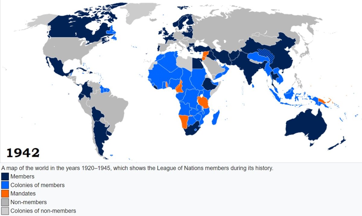 Карта 1942 года стран-участниц Лиги Наций (Wikipedia)