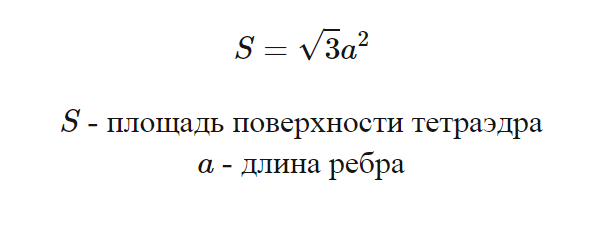Формула вычисления площади поверхности правильного тетраэдра