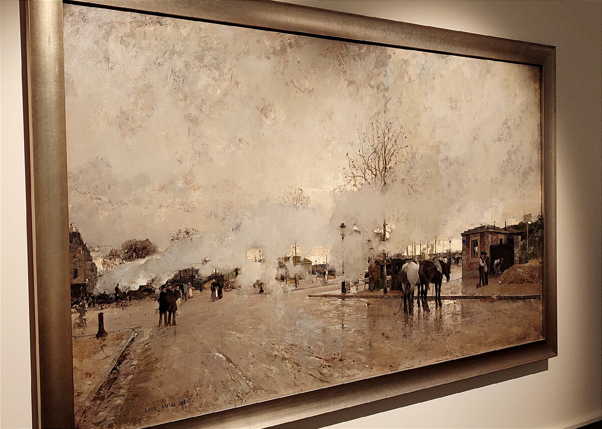 Луиджи Луар, «Дым окружной парижской железной дороги(парижское предместье)» (холст, масло), 1885 год, размер - 172x296 см. В ГМИИ с 1925 года. Происходит из собрания С.М. Третьякова. Фото автора.