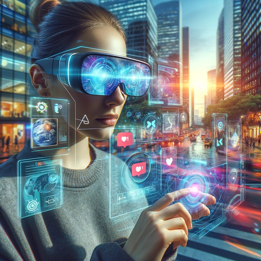 Человек в современной городской среде, который использует умные очки с дополненной реальностью. 