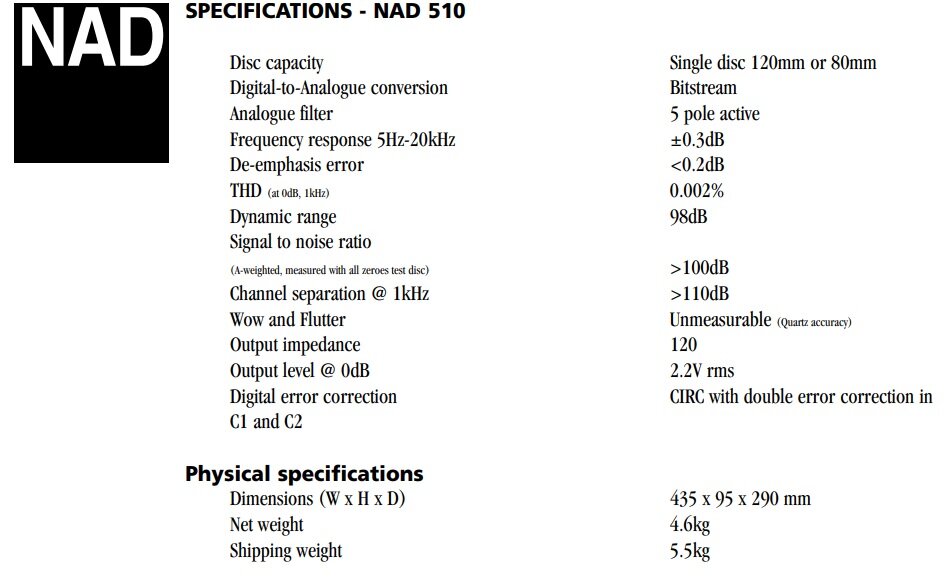 NAD 510 - простой CD-плеер, без цифровых выходов, даже без пульта ДУ. Не знаю, когда его начали производить, но экземпляр, мне попавшийся, 1998 года выпуска.-2