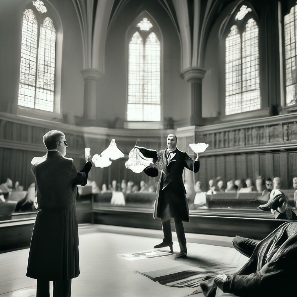 Юристы дерутся бумагами в зале споров. Нейросеть, компьютер, мышь, 2024