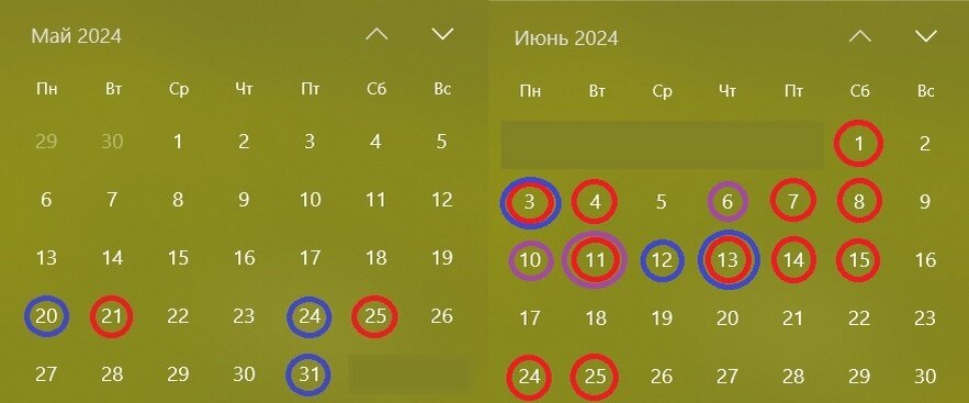 Это мои дни занятости в весенне-летнюю сессию 2024. Красным обведены дни экзаменов, синим - дни предэкзаменационных консультаций, фиолетовым - дни защит ВКР у наших прикладных математиков.