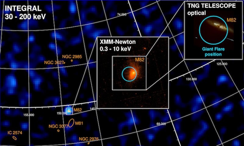 Местоположение магнетара в галактике М82, определённое телескопами INTEGRAL, XMM-Newton и TNG. Источник: ESA / Integral / XMM-Newton / INAF / TNG / M. Rigoselli / University of Geneva  📷
