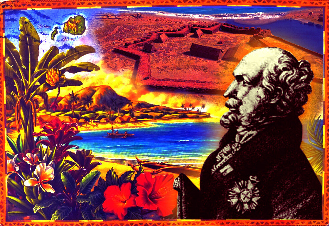 Автор «проекта» «Русские Гавайи», барон Е.Н. Шеффер на фоне гавайского пейзажа и основанного им форта «Елизавета». (Коллаж, составленный из изображений, найденных на wikimedia.org (авторы реконструкции крепости - А. Молодина и П. Миллс, автор фото - Netlenta, автор портрета Шеффера неизвестен) и lubok.club (имя автора открытки не то, чтобы неизвестно, но прочесть его я не смогла).