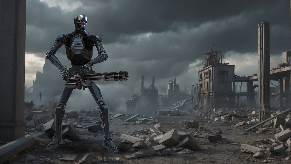 Терминатор REV-6 среди городских руин.