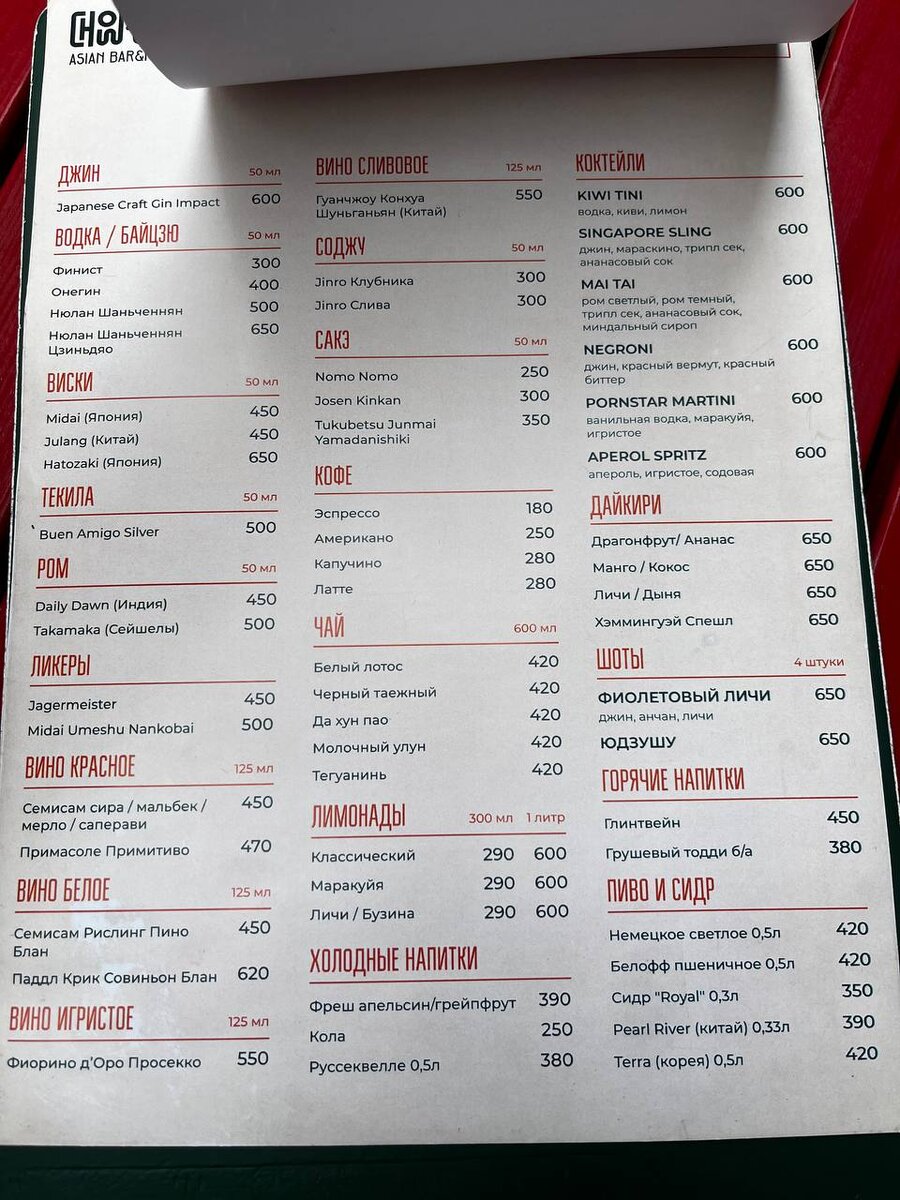 барное меню
