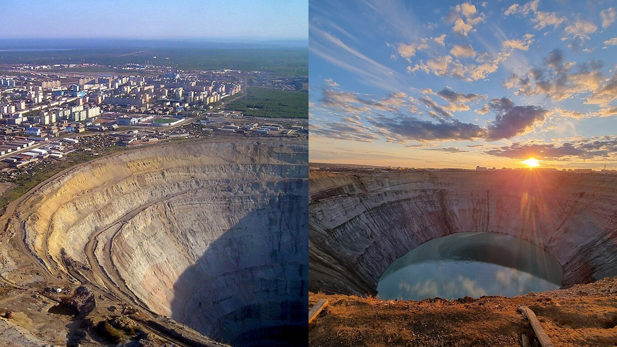 Кимберлитовая трубка «Мир» до и после затопления 