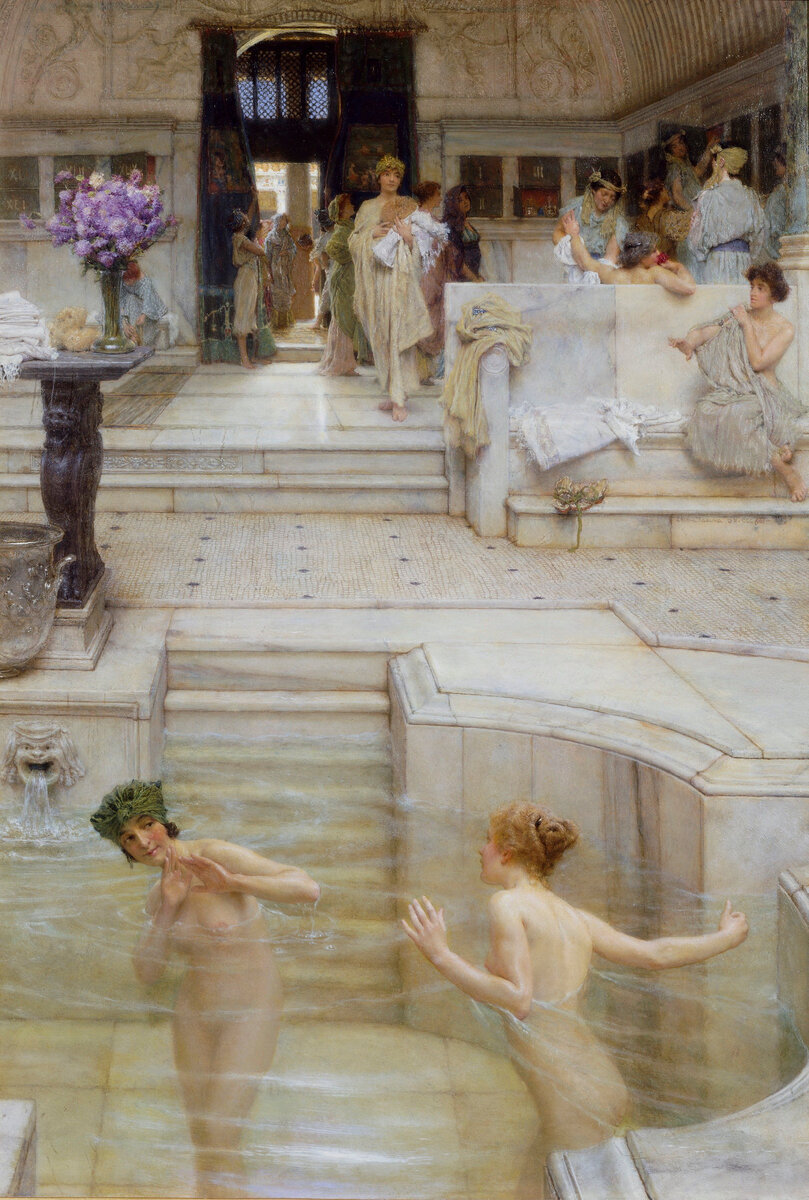 Лоуренс Альма-Тадема: Любимая привычка, 1909 год. Действие происходит в стабийских банях в Помпеях. На переднем плане одна женщина игриво обливает другую, купающуюся во "фригидарии", холодной ванне. Остальные собираются в комнате для раздевания. Художник создал эту работу на основе фотографий руин бань, обнаруженных археологами в 1824 году. Он сделал их более роскошными, добавив мраморный пол и стены, которые обычно использовались в больших императорских банях. Альма-Тадема добился огромного успеха в Британии благодаря тщательно проработанным сценам повседневной жизни древнего Рима, подобным этой.