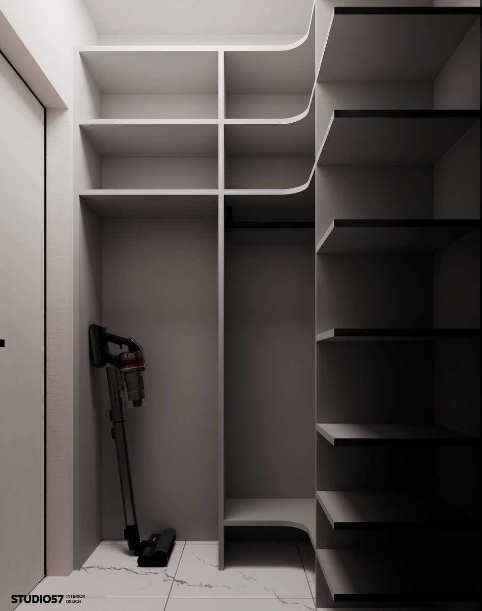 Помимо одежды, в гардеробных могут размещать бытовую технику - пылесосы, стиральную или сушильную машины