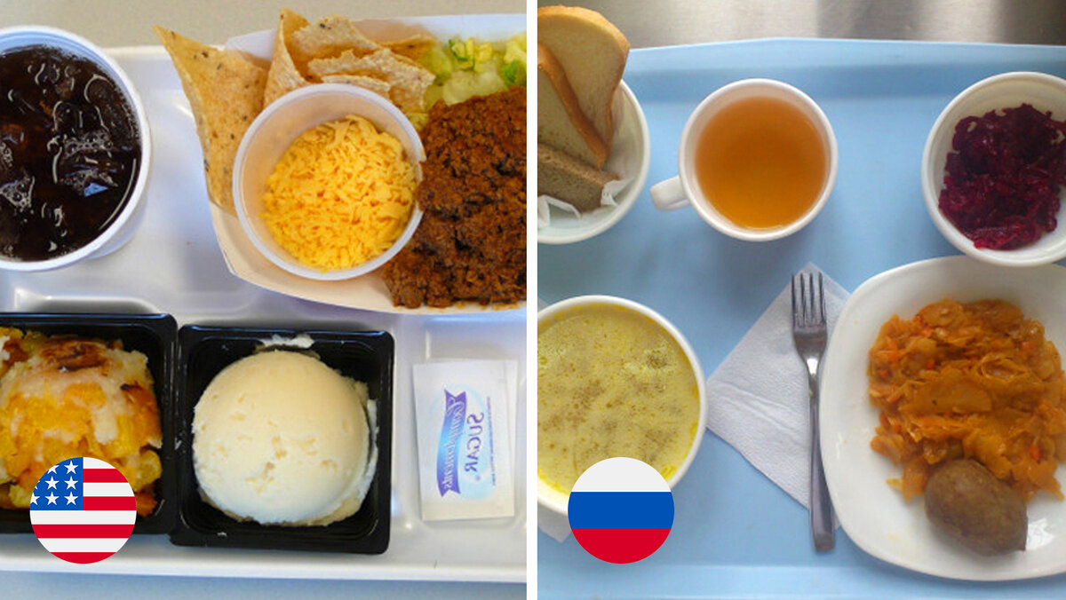 Как выглядят обеды в школьных столовых США (слева) и России (справа)