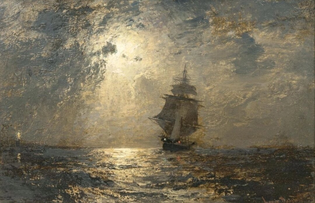 Парусник лунной  ночью. Художник Луи Дузетт