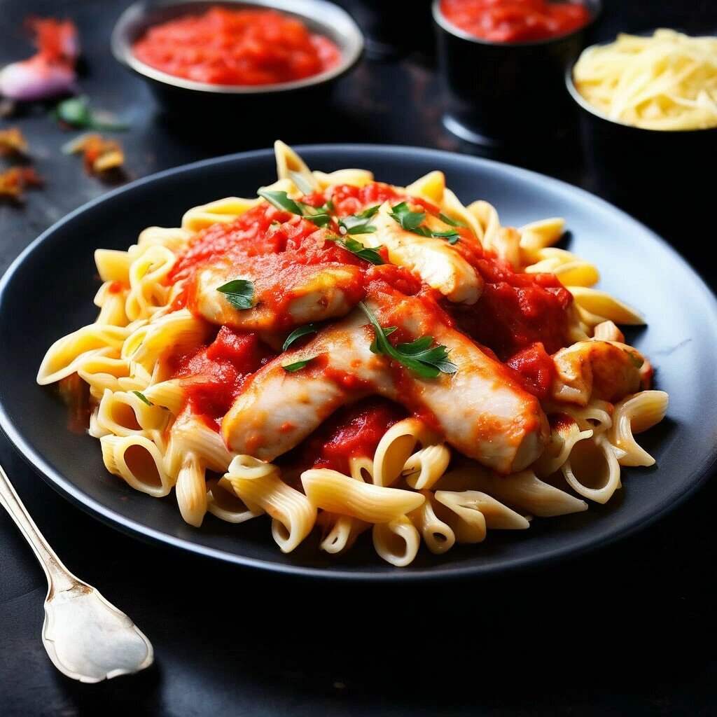 Блюдо дня: Паста с томатным соусом и курицей