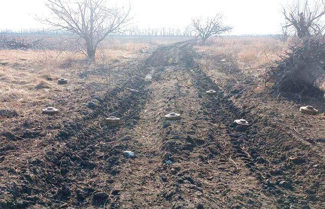 Противотанковые мины ТМ-62М поперёк полевой дороги. Некоторые стоят сдвоено: одна на одной, для усиления эффекта (фото из открытых источников)