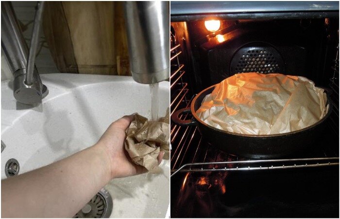 Смачивайте пергамент и накрывайте пирог в духовке