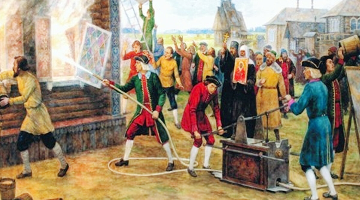    В «Наказе о градском благочинии» от 1649 года были заложены основы пожарной охраны, а уже при Петре I в стране появились первые профессиональные пожарные команды. На фото: тушение с помощью пожарной трубы / МЧС России