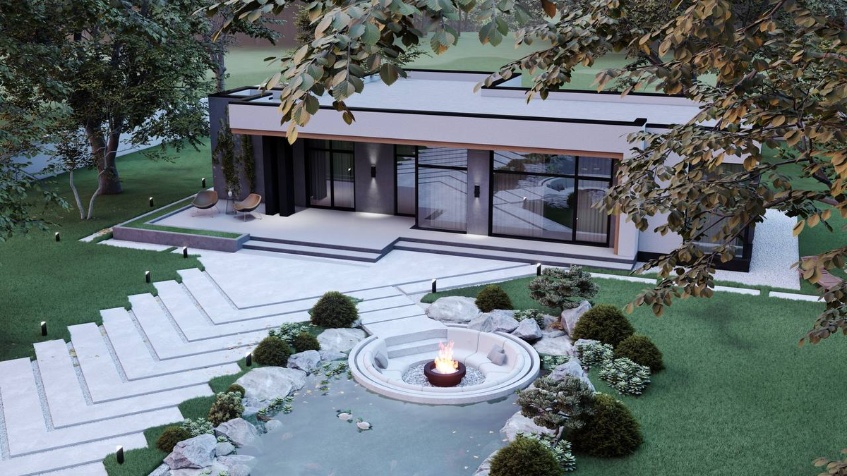 Общий вид на зону отдыха с костровой чашей