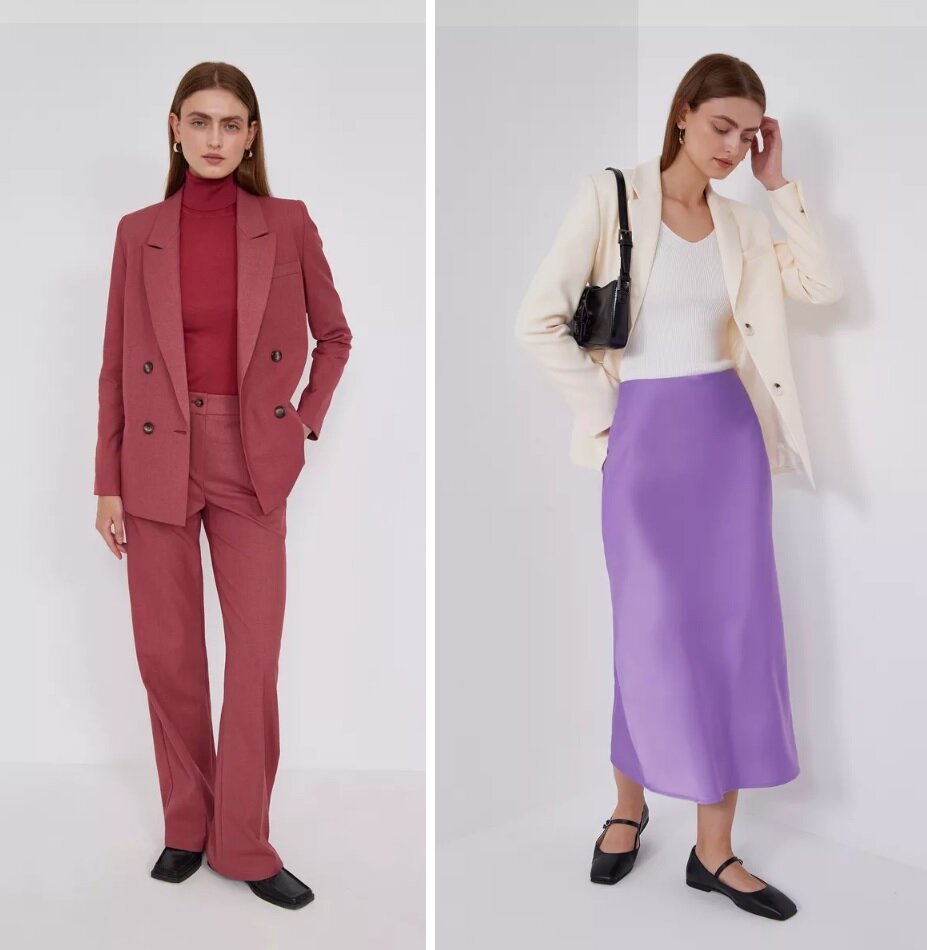 Артикулы и цены: жакет 177420670, 4 777 ₽ брюки 177420653, 2 603 ₽, юбка 195393098,  2 519 ₽