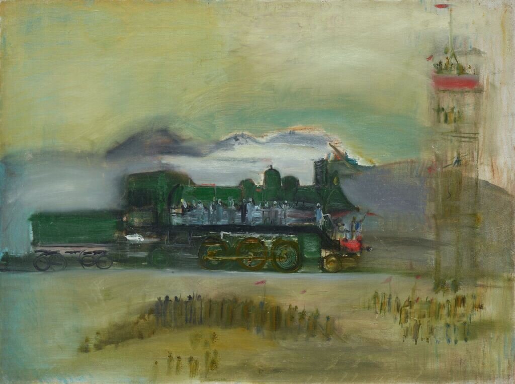 А.А. Лабас. Первый паровоз на Турксибе. Холст, масло. 89х120. 1931. ГТГ. Приобретено у автора с выставки «Всекохудожника» («Отчетные работы художников, командированных в районы индустриального и колхозного строительства»).