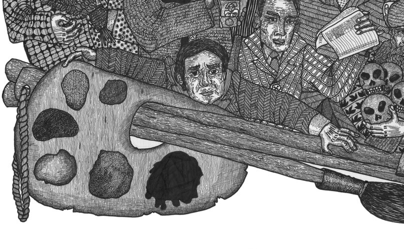 Вот он, обнимающий кисть и палитру с оттенками серого.