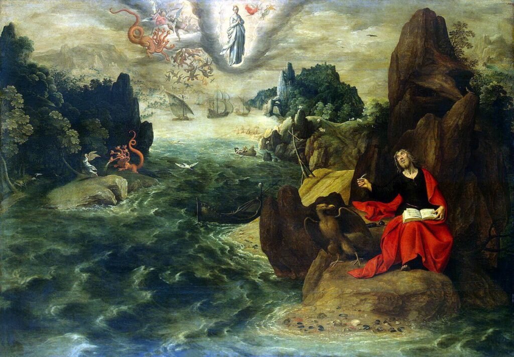 Т. Верхахт «Пейзаж с Иоанном Евангелистом, пишущим книгу апокалипсиса на острове Патмос», 1598 г.