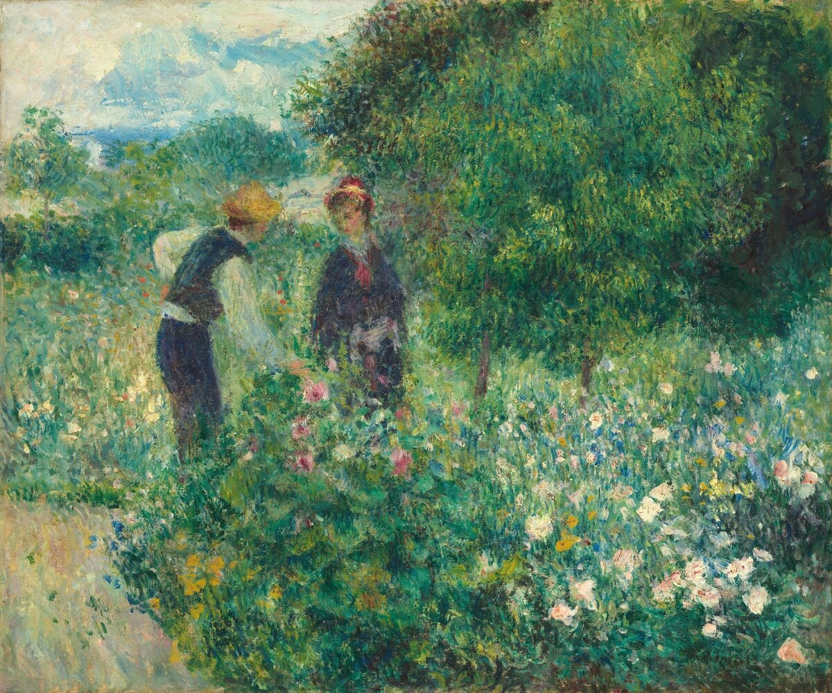 Picking Flowers (1875) painting in high resolution by Pierre-Auguste Renoir.