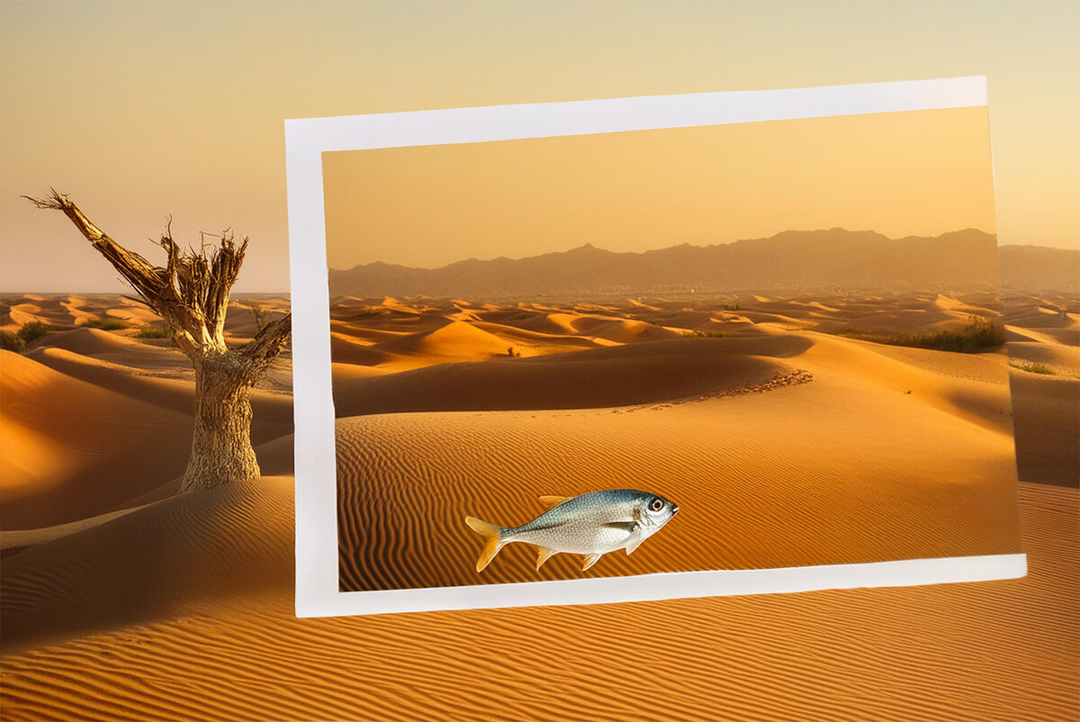 комбинация фотографии пустыни и рыбы, создающая впечатление несоответствия и загадочности.