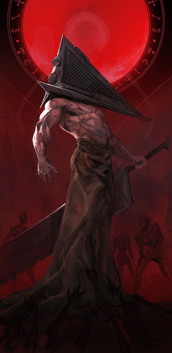 ПИРАМИДОГОЛОВЫЙ (PYRAMID HEAD, КРАСНАЯ ТРЕУГОЛЬНАЯ ГОЛОВА,НАХОДЯЩИЙСЯ В ТЕНИ) 