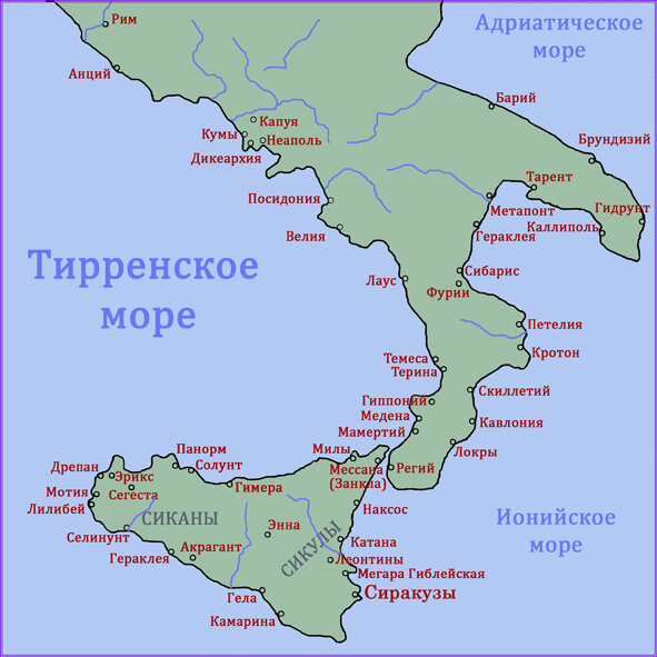 Карта Южной Италии и Сицилии 