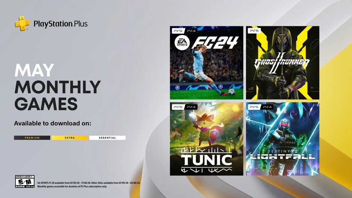 Игры для подписчиков PS+ в мае: Ghostrunner 2, Tunic, Destiny 2: Lightfall…
Sony опубликовала список игр для клиентов PlayStation Plus, доступных с 7 мая.  
EA Sports FC 24 Standard Edition предлагает более 19 тысяч лицензированных спортсменов и 30 лиг.  
Ghostrunner 2 представляет собой киберпанковый паркур-экшен с элементами Mirror's Edge и Hotline Miami.  
Tunic - приключенческая игра в духе The Legend of Zelda с внутриигровым руководством на вымышленном языке.  
Destiny 2: Lightfall - аддон с кампанией, подклассом и регионом, требующий оригинальную Destiny 2.  
До 6 мая можно добавить в свою библиотеку Immortals of Aveum, Minecraft Legends и Skul: The Hero Slayer.  
