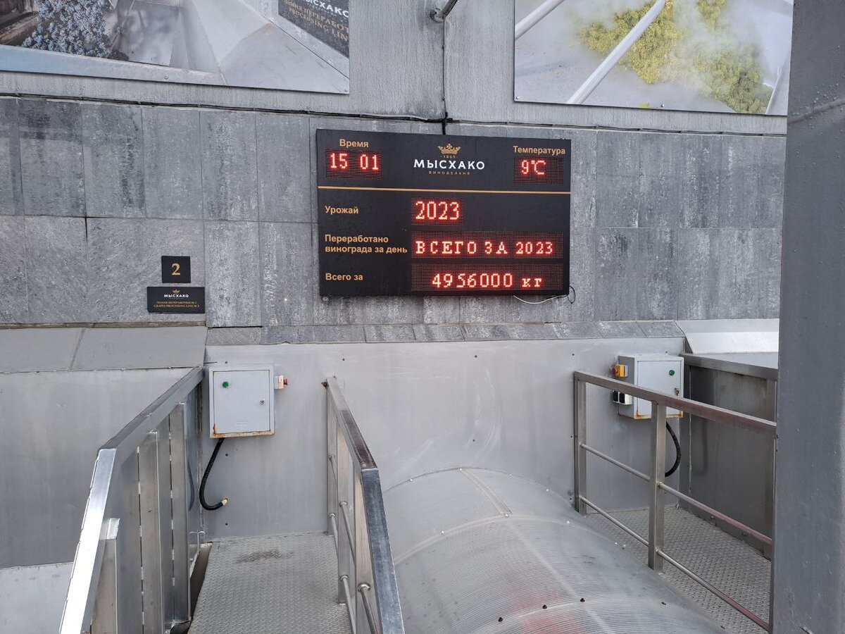Информационное табло. Сколько переработанр винограда. В 2023 году - 4956000 кг. Впечатляет!