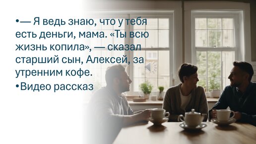 — Я ведь знаю, что у тебя есть деньги, мама. «Ты всю жизнь копила», — сказал старший сын, Алексей, за утренним кофе. Видео рассказ