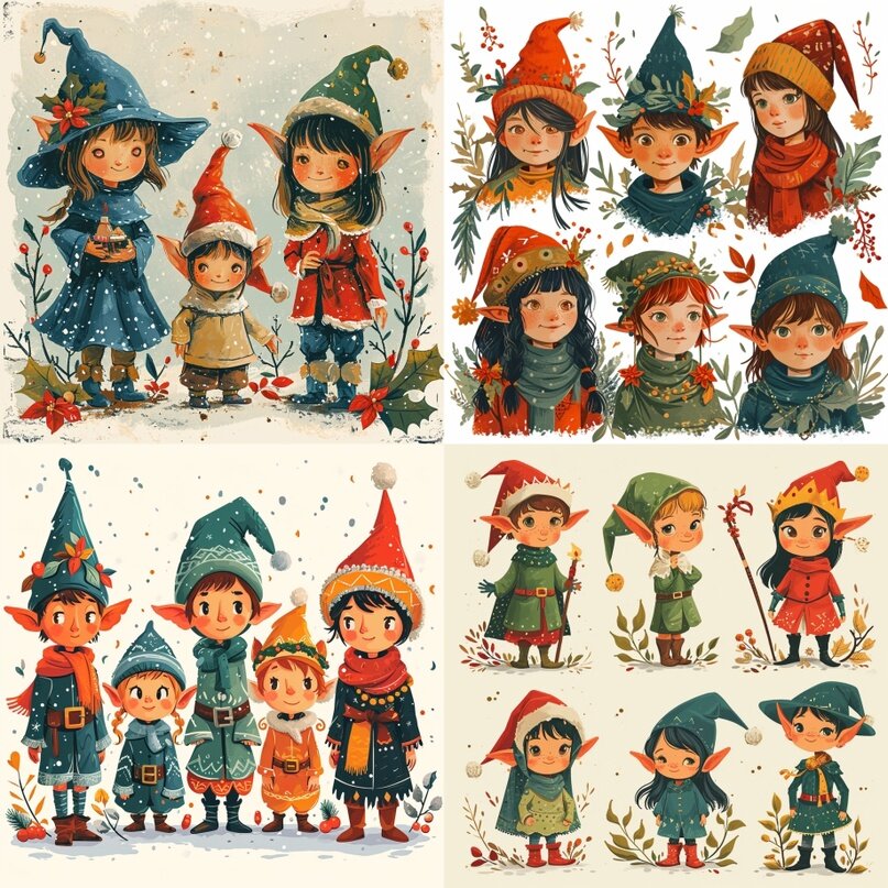 different Christmas characters happy magic elves, pastel colors, cut --s 500 --v 6.0
